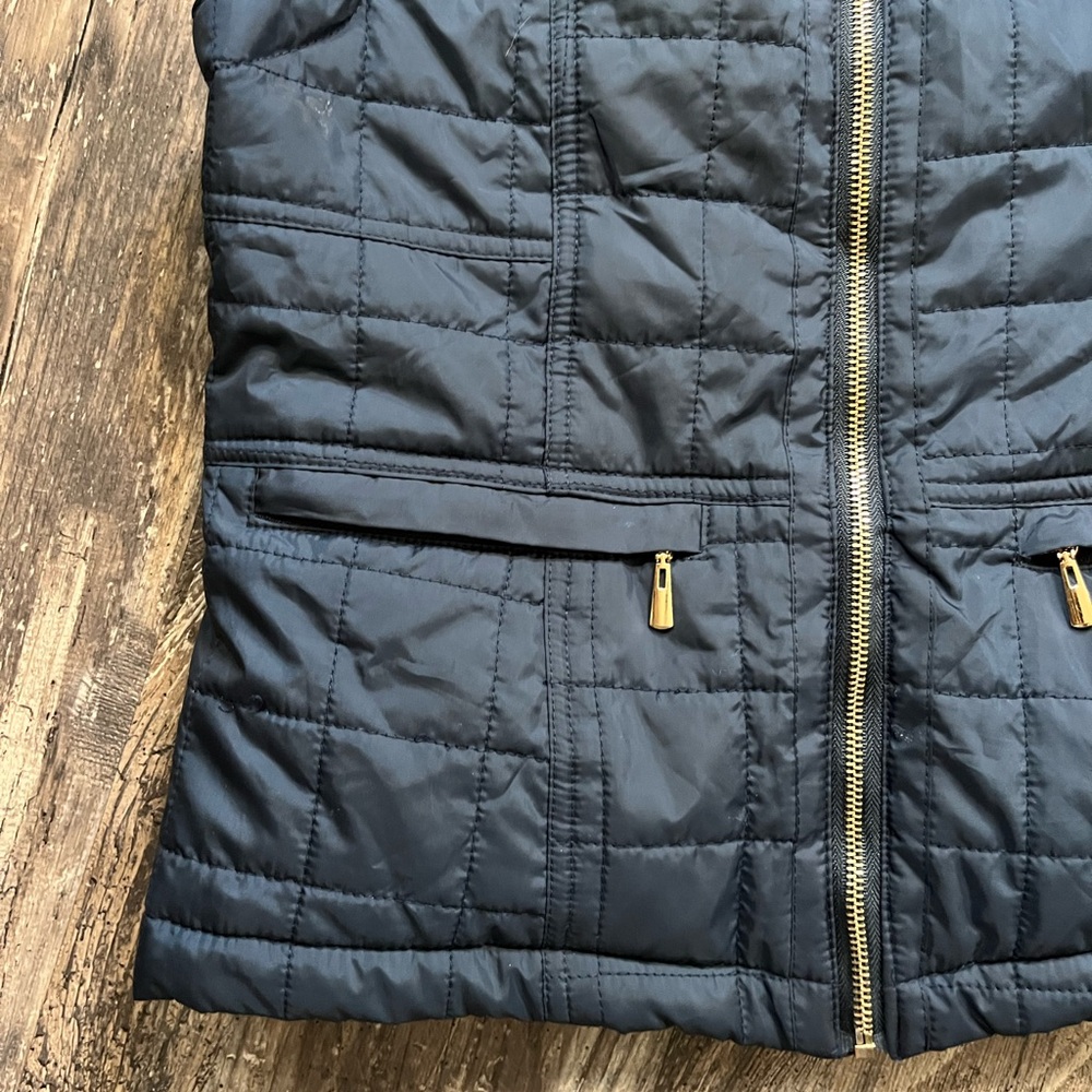 Daisy Fashion Navy Blue Fuzzy Lined Vest Removable Hood Women’s Size Large - Picture 3 of 8